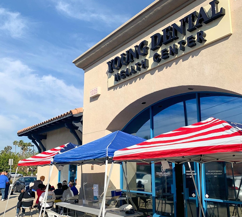 Exterior view of Young Dental Health Center Upland building entrance and location