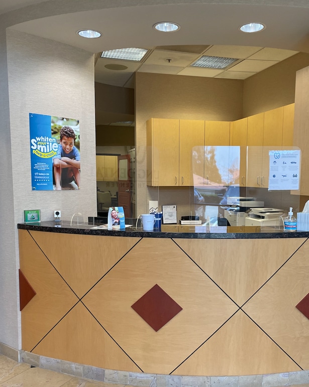 Front desk patient check in area at Young Dental Health Center Upland
